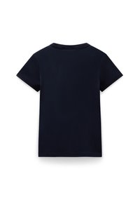 Camiseta de manga corta azul marino, cuello redondo, material de algodón suave, textura lisa, sin gráficos ni patrones visibles, diseño liso en la parte posterior.