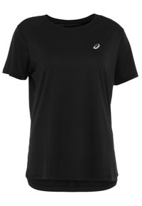 Camiseta deportiva negra de manga corta, hecha de una tela ligera, con un cuello redondo y un pequeño logo en el lado izquierdo del pecho.