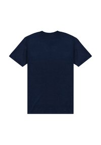 Dunkelblaue Baumwoll-T-Shirt mit kurzen Ärmeln und rundem Ausschnitt. Der Stoff hat eine glatte Textur ohne sichtbare Muster.