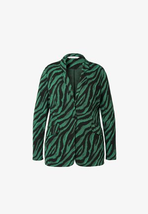 Blazer à motif zèbre vert et noir avec un col cranté, fermeture à bouton unique et deux poches avant. Texture tissée.
