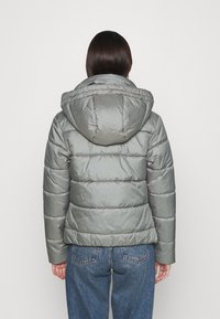 Šedá péřová bunda s kapucí, s prošívaným vzorem a elastickými manžetami. V kombinaci s modrými džíny s vysokým pasem, pohled zezadu.