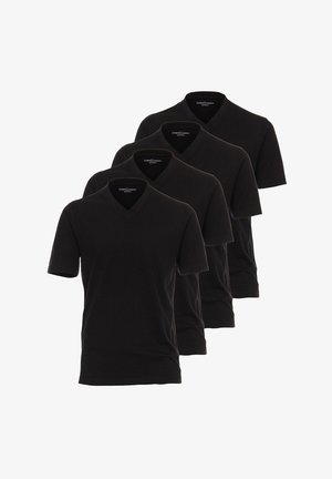 Mustat v-pääntie t-paidat neljän kappaleen pakkauksessa, joissa on lyhyet hihat ja sileä puuvillapinta. Yksinkertainen muotoilu ilman lisäkuvioita.