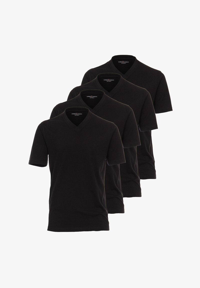 Mustat v-pääntie t-paidat neljän kappaleen pakkauksessa, joissa on lyhyet hihat ja sileä puuvillapinta. Yksinkertainen muotoilu ilman lisäkuvioita.