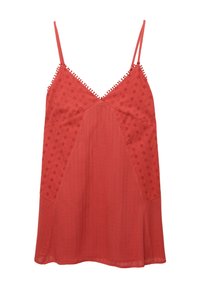 Top smanicato rosso con scollo a V, presenta motivi floreali ricamati e pannelli testurizzati, rifinito con un bordo decorativo lungo le spalline.