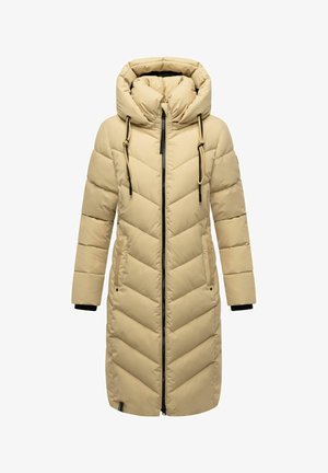 Bežinis pūkinis paltas su chevrono raštu, pilnu užtrauktuku, dideliu kapišonu ir elastiniais rankogaliais. Yra dvi šoninės kišenės ir raišteliai.