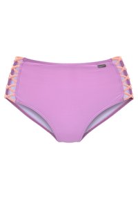 Hooggekwalificeerde bikini broek in lichtpaarse nylon, met kruislaarzen in roze zijkanten en een gladde, rekbare textuur.