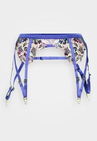Curea de satin violet cu detalii brodate florale și patru curele ajustabile cu accesorii din metal auriu.