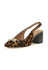 Pumps met luipaardprint en slingback in suède, met een puntige neus, zwarte accenten en een gouden gespsluiting op de wreef. Ontwerp met blokhak.