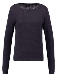 Marinblå tröja i strukturerad stickad kvalitet med rund halsringning, långa ärmar och ribbade muddar och fåll. Har ett bikakkemönster.