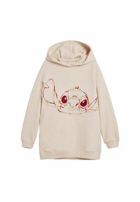 Beige kapucnis pulóver, amelyen egy nagy, színes hímzett mesehős arca látható. Sugárzó kapucnija és hosszú ujjai vannak.