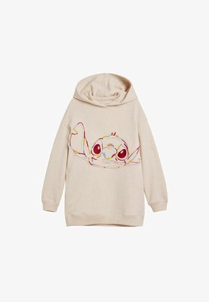 Béžová mikina s kapucňou, na ktorej sa nachádza veľký, farebný výšivkový dizajn tváre rozprávkového charakteru. Má šnúrkovú kapucňu a dlhé rukávy.