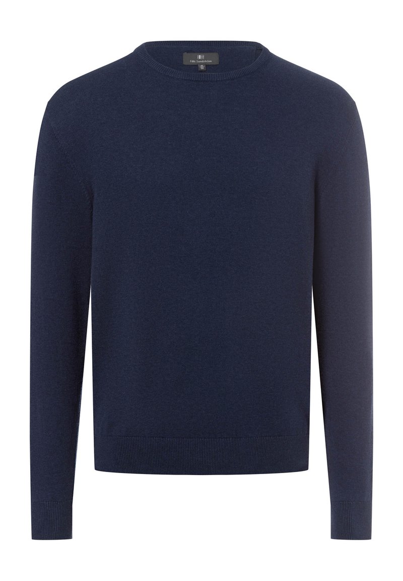 Marineblauer Rundhals-Pullover aus weichem Stoff, mit langen Ärmeln, gerippten Bündchen und Saum, glatter Textur und ohne sichtbare Muster.