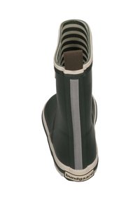 Botte en caoutchouc verte avec une texture lisse, rayure blanche et doublure en tissu rayé. Elle dispose d'une languette pour un enfilage facile.