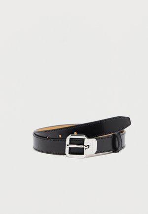 Black leather belt with a shiny silver rectangular buckle, featuring a smooth surface and multiple adjustment holes along the length.