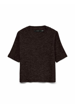 Donkerbruin, kort mouw gebreide trui met een geribbelde textuur, ronde halslijn en een boxy pasvorm. De stof lijkt zacht en comfortabel.
