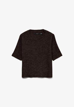 Mørkebrun kortærmet strikket trøje med ribbet tekstur, rund halsudskæring og en boksformet pasform. Stoffet virker blødt og hyggeligt.