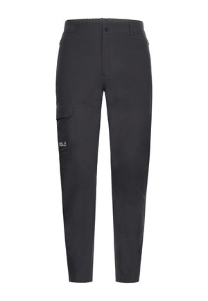 Schwarze Outdoor-Cargohose mit seitlicher Klapptasche und vorderem Knopfverschluss, konzipiert für Wandern oder den lässigen Gebrauch.