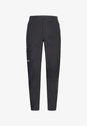 Schwarze Outdoor-Cargohose mit seitlicher Klapptasche und vorderem Knopfverschluss, konzipiert für Wandern oder den lässigen Gebrauch.