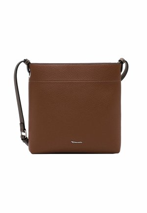 Borsa a tracolla rettangolare in pelle marrone con tracolla regolabile e piccolo logo del marchio in argento al centro davanti.