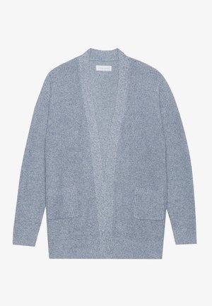 Light blue cardigan made of textured knit fabric, featuring a open front, long sleeves, and two front pockets. No fasteners.