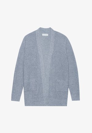Lichtblauwe cardigan van een gestructureerde breiselstof, met een open voorkant, lange mouwen en twee voorkanten zakken. Geen sluitingen.