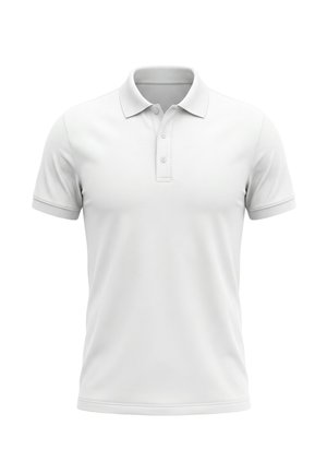 Eenvoudig wit poloshirt met korte mouwen, een kraag en een knoopsluiting met drie knopen, getoond op een witte achtergrond.