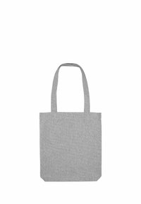 Borsa tote in tessuto grigia con due manici, di forma rettangolare, cuciture rinforzate alla base e superficie liscia e texturizzata.