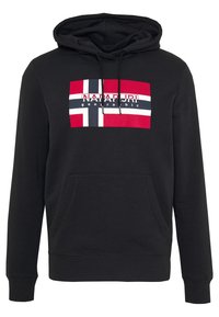 Czarna bluza z kapturem i kieszenią kangurką. Na przodzie kolorowa prostokątna grafika z flagą Norwegii oraz napisem "NAPAPIJRI geographic." Miękki materiał.