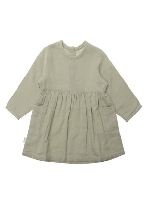 Hellgrünes Langarmkleid mit rundem Ausschnitt, weitem Rock und zwei seitlichen Taschen. Strukturiertes Material mit sichtbarem Muster.