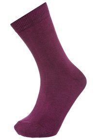 Calzino in cotone viola con una texture liscia, bordo a coste e punta stondiata. Progettato per comfort e durata.