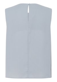 Light blue sleeveless top, smooth fabric, round neck, features a keyhole opening at the back with a circular button closure.