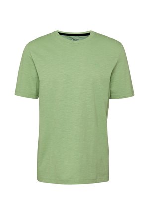 T-shirt uni vert clair à manches courtes et col rond avec une texture subtile et un petit logo brodé sur la poitrine gauche.