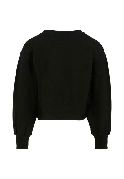 Felpa nera cropped con maniche lunghe a sbuffo e polsini a costine, mostrata da dietro su uno sfondo bianco.