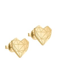 Guld geometriska hjärtformade örhängen med facetterad design och polerad yta, med en studsback för säker bärning.