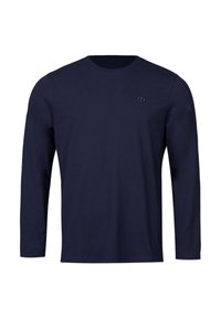 Maglietta a maniche lunghe di colore blu navy realizzata in cotone. Presenta un collo rotondo e un piccolo logo sul petto. Tessuto liscio, vestibilità casual.