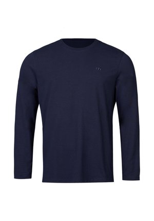 Marineblauw longsleeve T-shirt van katoen. Voorzien van een ronde hals en een klein logo op de borst. Soepele textuur, casual pasvorm.