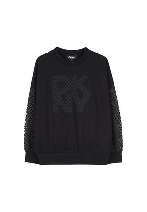Sweat-shirt noir DKNY avec grand logo texturé sur le devant et manches à panneaux en mesh, poignets et ourlet côtelés.