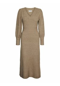 Abito lavorato a maglia color beige con maniche lunghe a sbuffo, scollatura a V, vita aderente e gonna dritta. Tessuto a coste con elasticità.