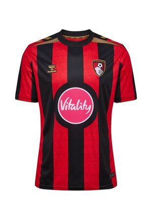 AFC Bournemouth fodboldtrøje med røde og sorte lodrette striber, Vitality-logo i midten, Hummel-logo på højre bryst, klubemblem på venstre bryst.