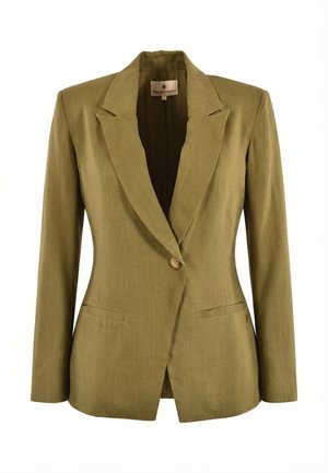 Blazer vert olive à un bouton avec revers crantés, deux poches fendues à l'avant et manches longues cintrées.