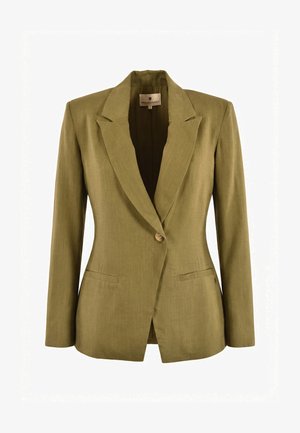 Blazer vert olive à un bouton avec revers crantés, deux poches fendues à l'avant et manches longues cintrées.