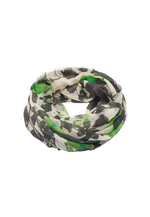 Lekka szalikowa chusta w formie infinity z abstrakcyjnym kwiatowym wzorem w kolorach czarnym, białym i zielonym, pokazana zwinięta na białym tle.