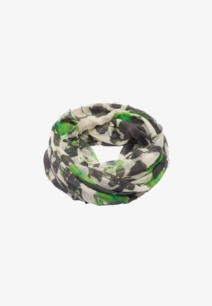 Lekka szalikowa chusta w formie infinity z abstrakcyjnym kwiatowym wzorem w kolorach czarnym, białym i zielonym, pokazana zwinięta na białym tle.