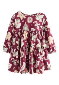 Klänning med långa ärmar i bordeauxrött tyg med en lager-på-lager-design och illustrerade mönster av festliga motiv som pepparkakor, snögubbar och granar.