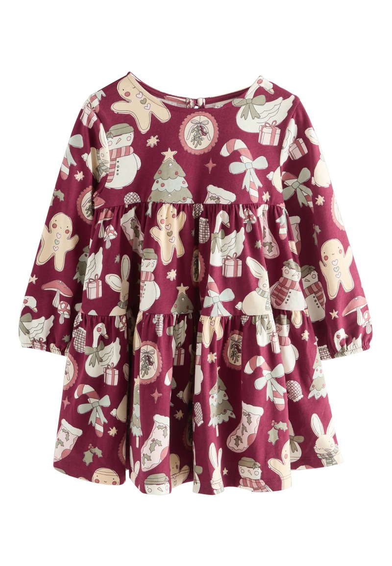 Klänning med långa ärmar i bordeauxrött tyg med en lager-på-lager-design och illustrerade mönster av festliga motiv som pepparkakor, snögubbar och granar.