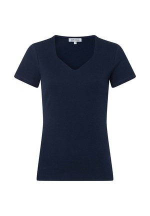 Navyblaues, kurzärmeliges, geripptes Strickoberteil mit V-Ausschnitt und figurbetonter Passform, Größe M.