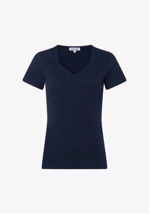 Navyblaues, kurzärmeliges, geripptes Strickoberteil mit V-Ausschnitt und figurbetonter Passform, Größe M.