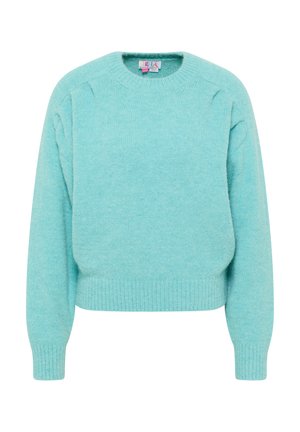 Maglione blu acqua realizzato in materiale morbido, con scollatura rotonda, maniche lunghe e polsini e bordo a coste.