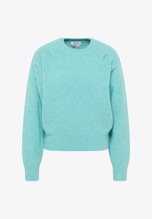 Aqua-blauer Pullover aus weichem Material, mit Rundhalsausschnitt, langen Ärmeln und gerippten Bündchen und Saum.