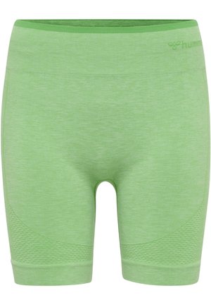 Shorts de cycliste vert clair avec panneaux texturés sur les cuisses et une large ceinture, conçus pour les activités sportives.